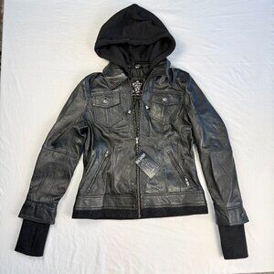 Women's L - Real Leather Betty Black Lambskin Jacket, zip front, Removable Hood